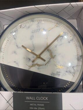 NWT - 10” Wall Clock Metal Perimeter with Marble and Gold Accents